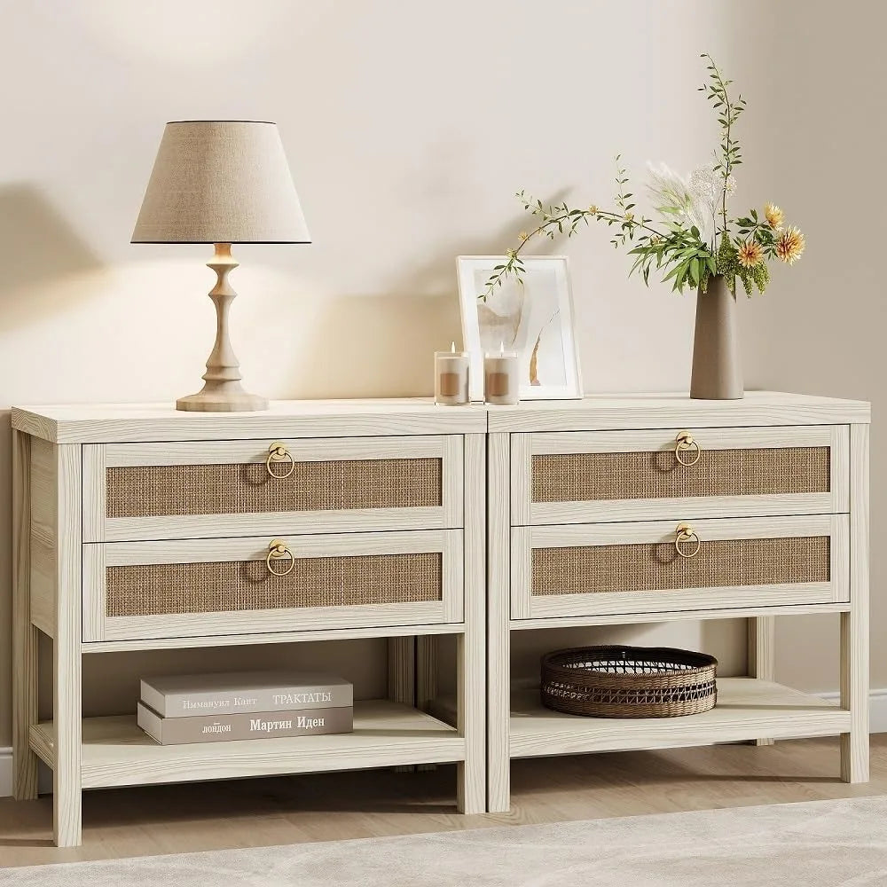 Ticify Boho Rattan Nightstand Set Of 2 With Drawers