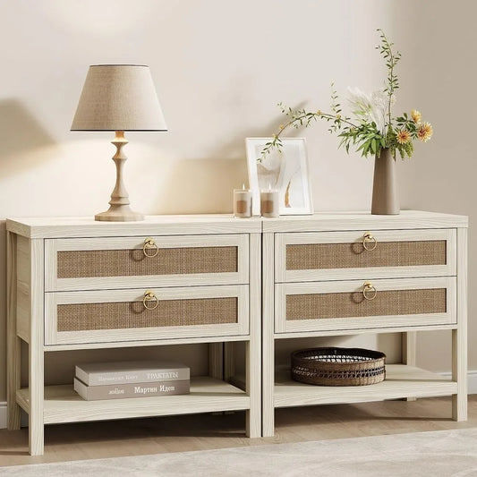 Ticify Boho Rattan Nightstand Set Of 2 With Drawers