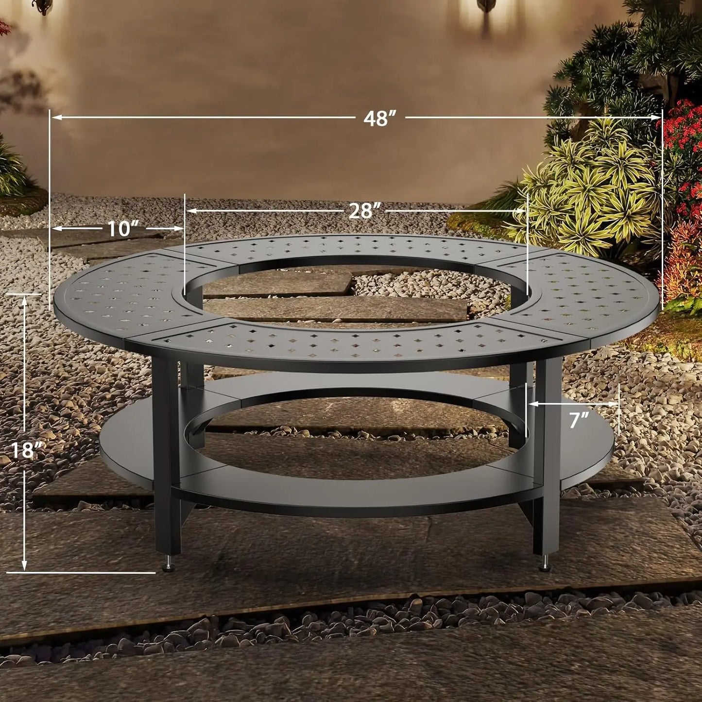 48" Fire Pit Surround Tabletop , Powder-Coated Steel Surround Table with Firewood Storage Shelf for Safety & Extra Space