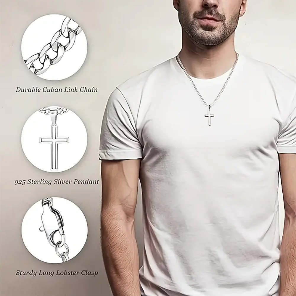 925 Sterling Silver Cross Necklace for Men Women Durable Cuban Crucifix Pendant Necklace Religious Jewelry Gift Ships from USA