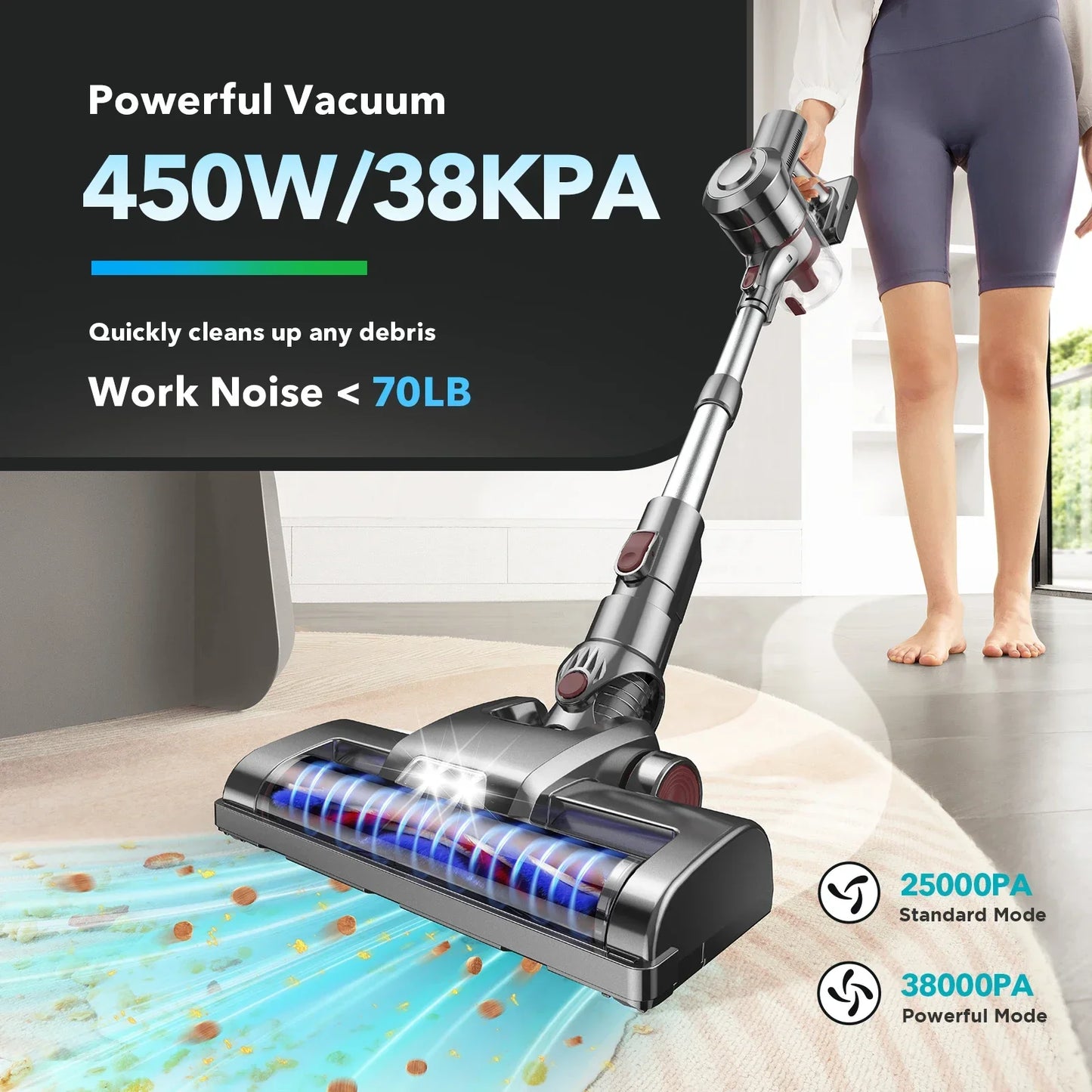 ORGPEK Cordless Vacuum Cleaner, 38000PA/450W 50min 2500mah for Home Pet Hair Carpet Wood Floor