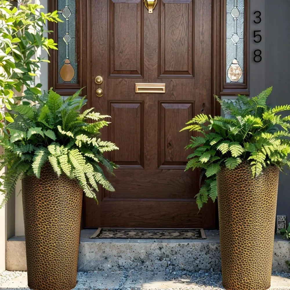 KOL 28 Inch Tall Metal Cone Planters with Inner Pots 2 Pack Bronze Hand Hammered Large Decor Planter for Deck Patio Porch
