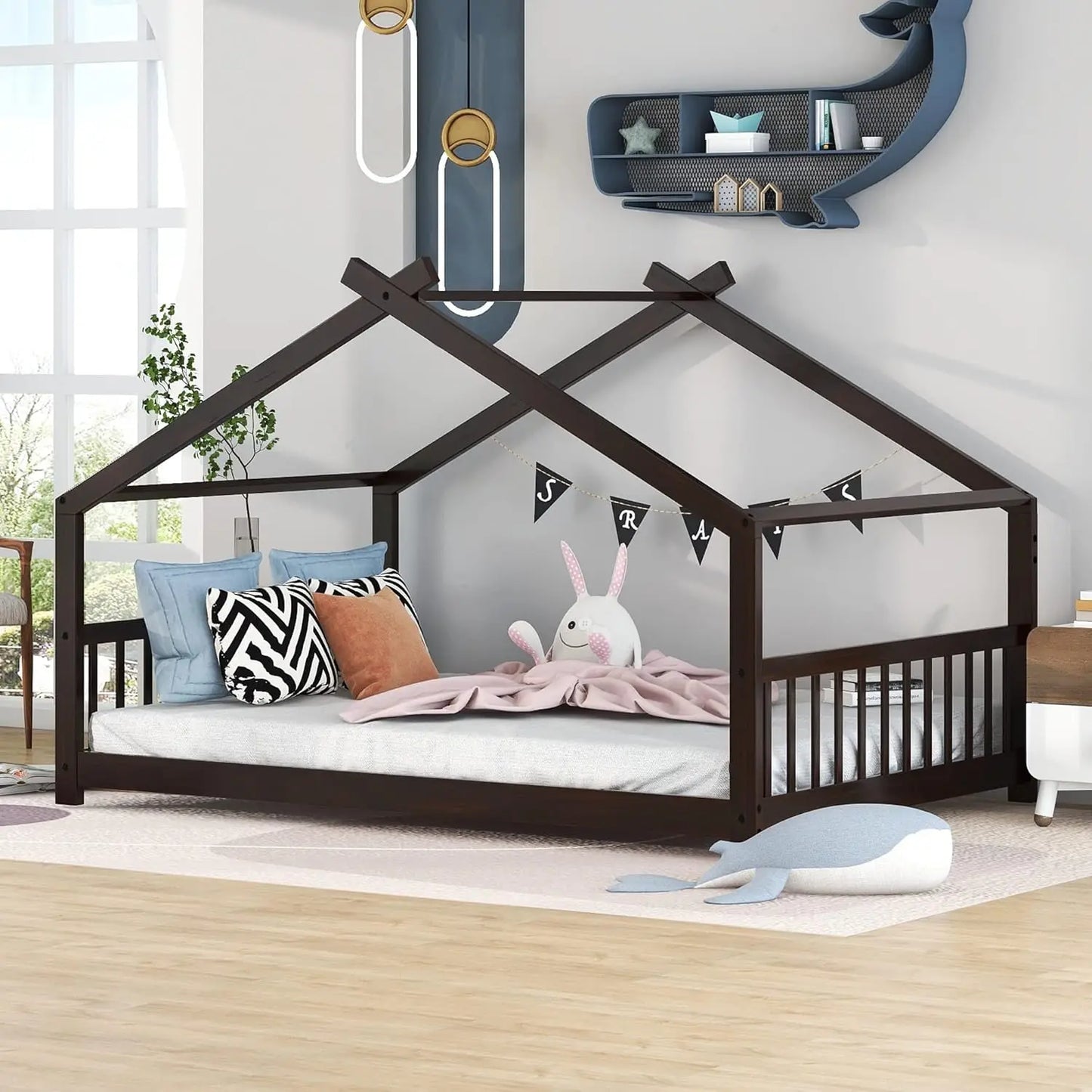 Modern Full House Beds, Montessori Bed Wood Frame, Kids Platform Bed with Headboard & Footboard for Children Boys Girls Teens