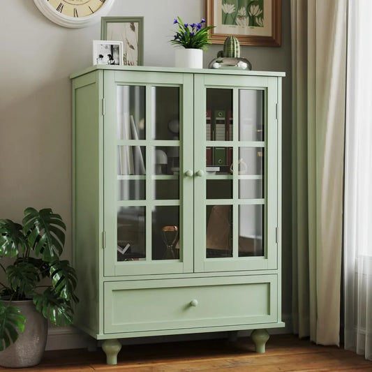 Angduo Buffet Cabinet With Glass Doors Modern Wood Sideboard