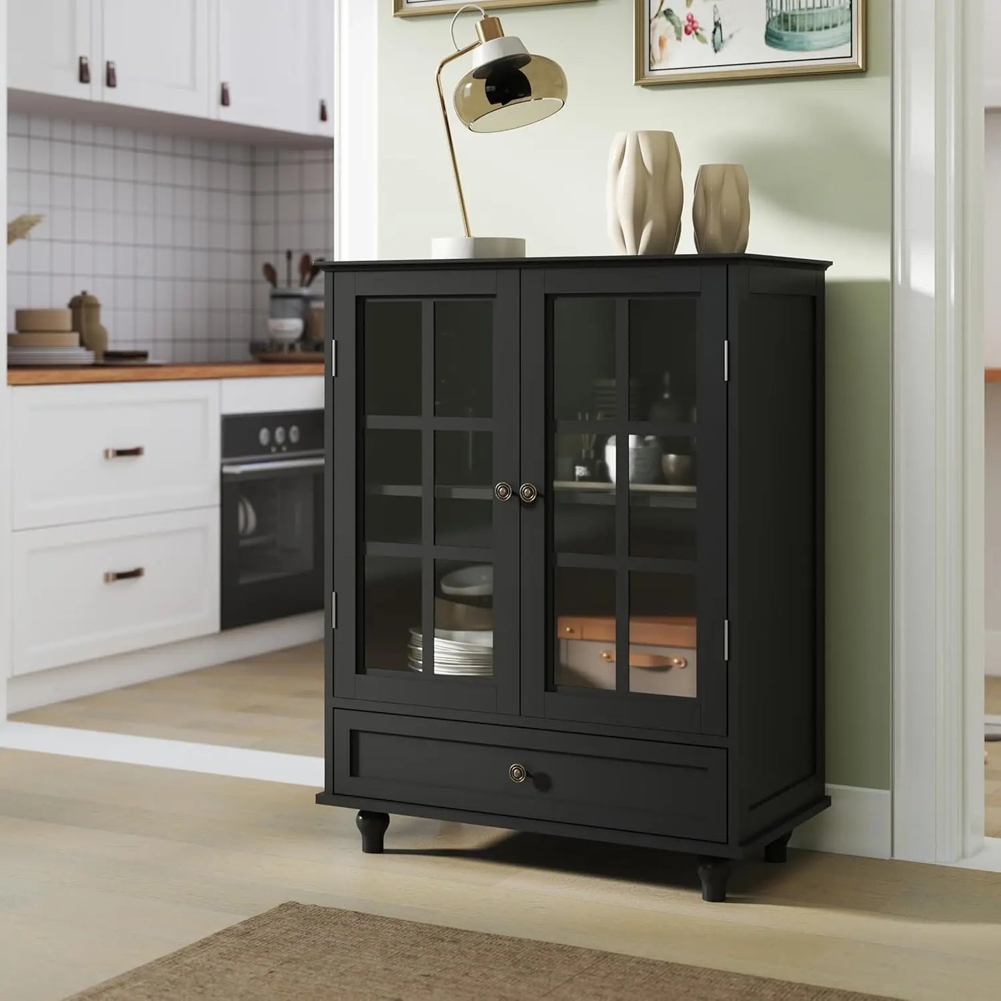 Angduo Buffet Cabinet With Glass Doors Modern Wood Sideboard