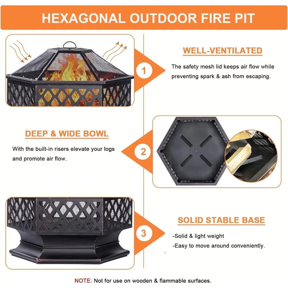 Hexagonal Outdoor Wood Burning Fire Pit For Patio Backyard