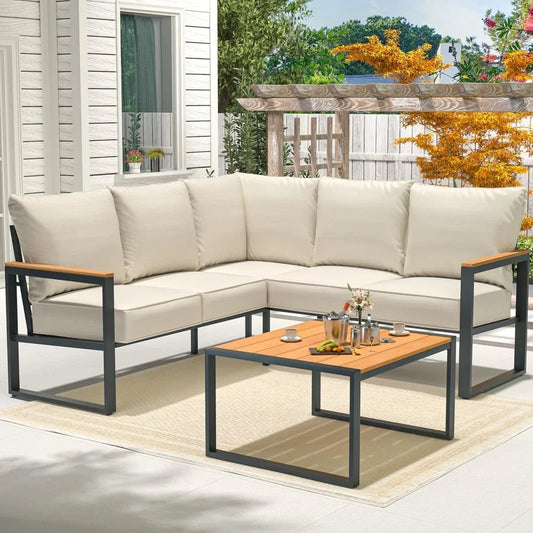Patio Furniture Set 6 Pieces Outdoor Sectional Sofa Set with Side Table L Shape Patio Conversation Set with Faux Wood Tabletop