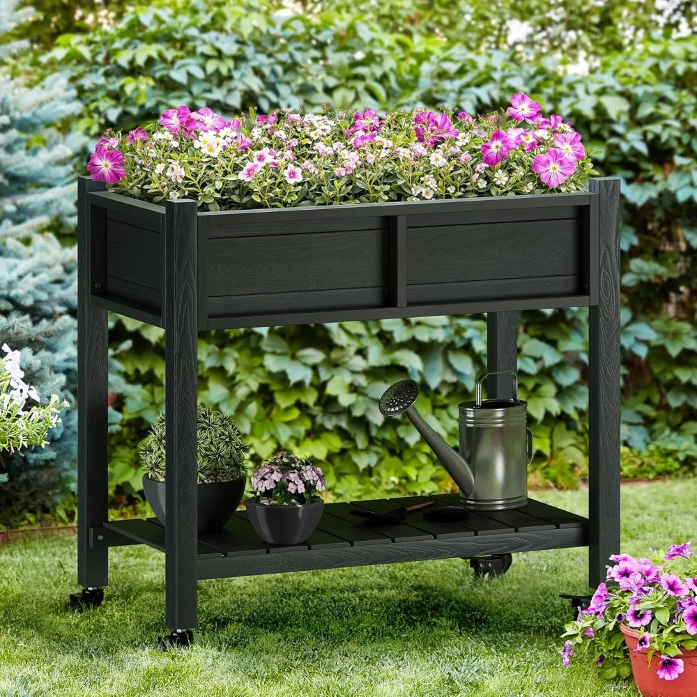 DWVO Raised Garden Bed, Outdoor Planter Box, Small Flower Box with Double-Layer, 4 Swivel Casters and Built-in Drain Holes, Idea
