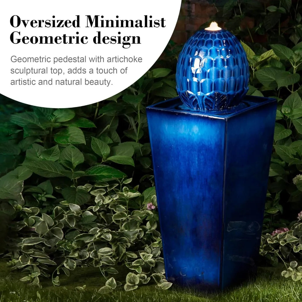 Ceramic Outdoor Water Fountain with LED Light,Patio Fountain Waterfall for Garden Patio Deck Porch, Cobalt Blue, 35.75" H
