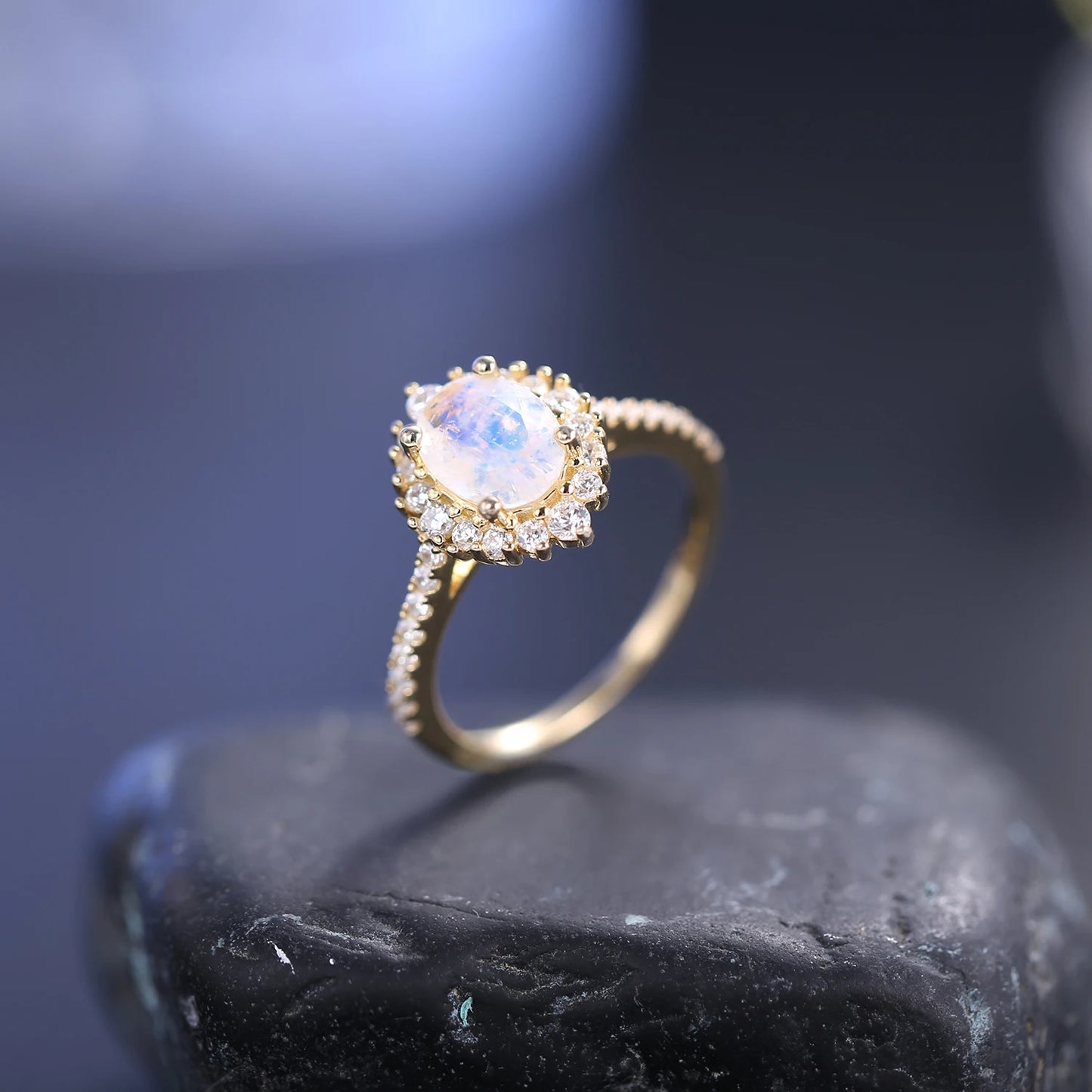 GEM'S BALLET Moonstone Sterling Silver Halo Engagement Ring