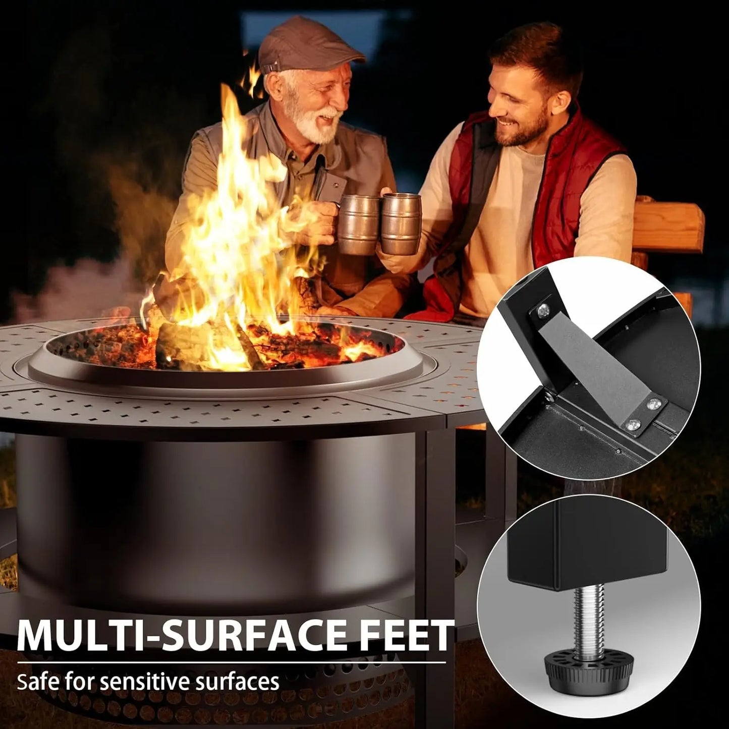 48" Fire Pit Surround Tabletop , Powder-Coated Steel Surround Table with Firewood Storage Shelf for Safety & Extra Space