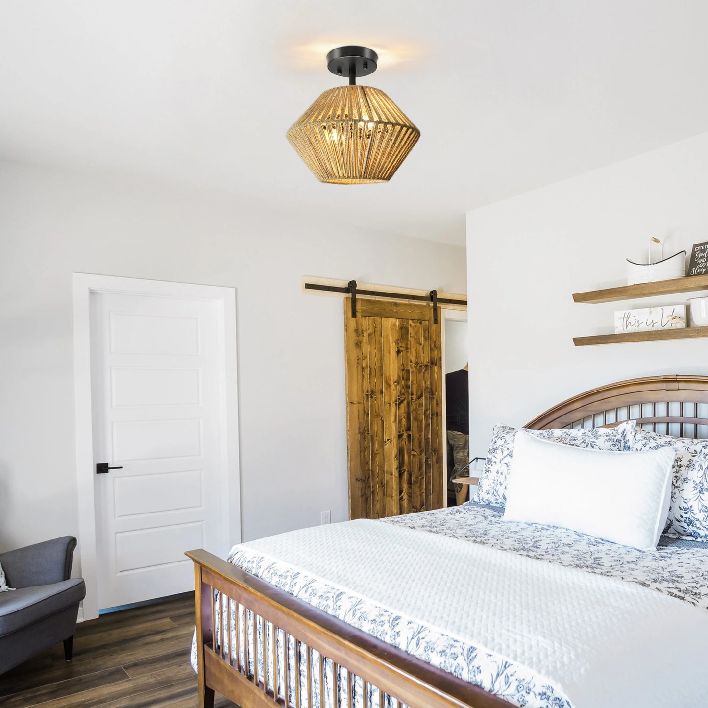 Bohemian Rattan Cloakroom Ceiling Light, Hand-Woven Living Room Ceiling Lamp, Modern Minimalist Bedroom Ceiling Lights