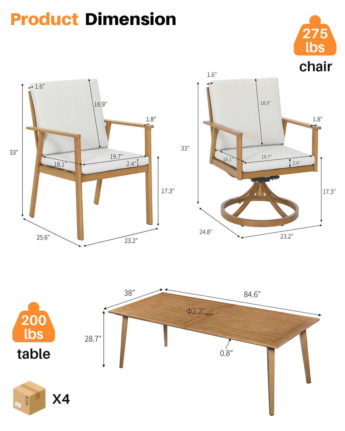 SeeHill Patio Furniture Set Aluminum Dining Swivel Chairs