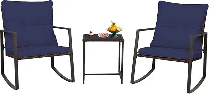 3-Piece Patio Bistro Set Outdoor Rocking Chairs Set Brown Wicker Porch Chairs with Glass Coffee Table, Beige Cushion