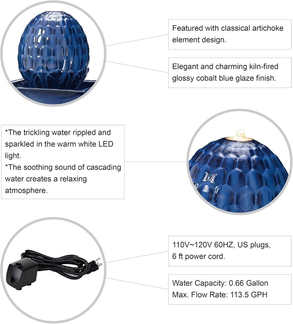 Ceramic Outdoor Water Fountain with LED Light,Patio Fountain Waterfall for Garden Patio Deck Porch, Cobalt Blue, 35.75" H