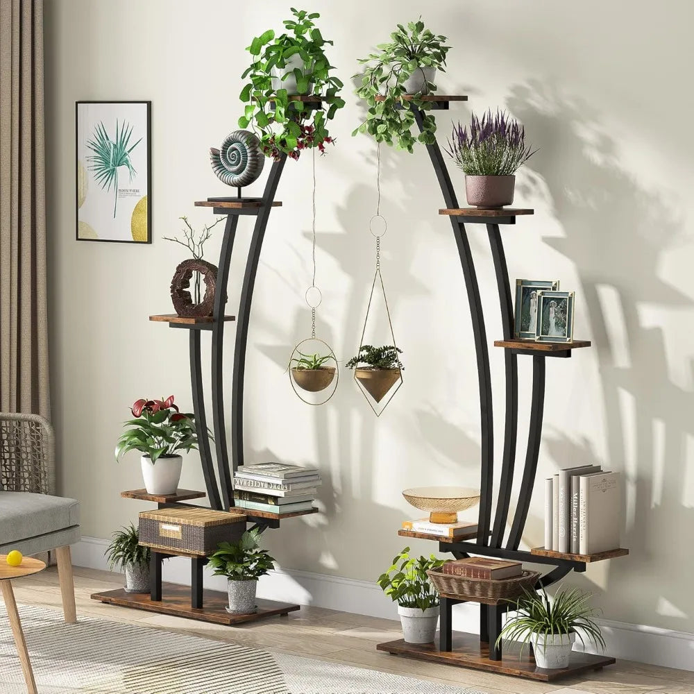 6 Tier Tall Indoor Plant Stand Pack of 2 Metal Curved Display Shelf with 2 Hanging Hooks Multi Purpose Bonsai Flower Pot Holder