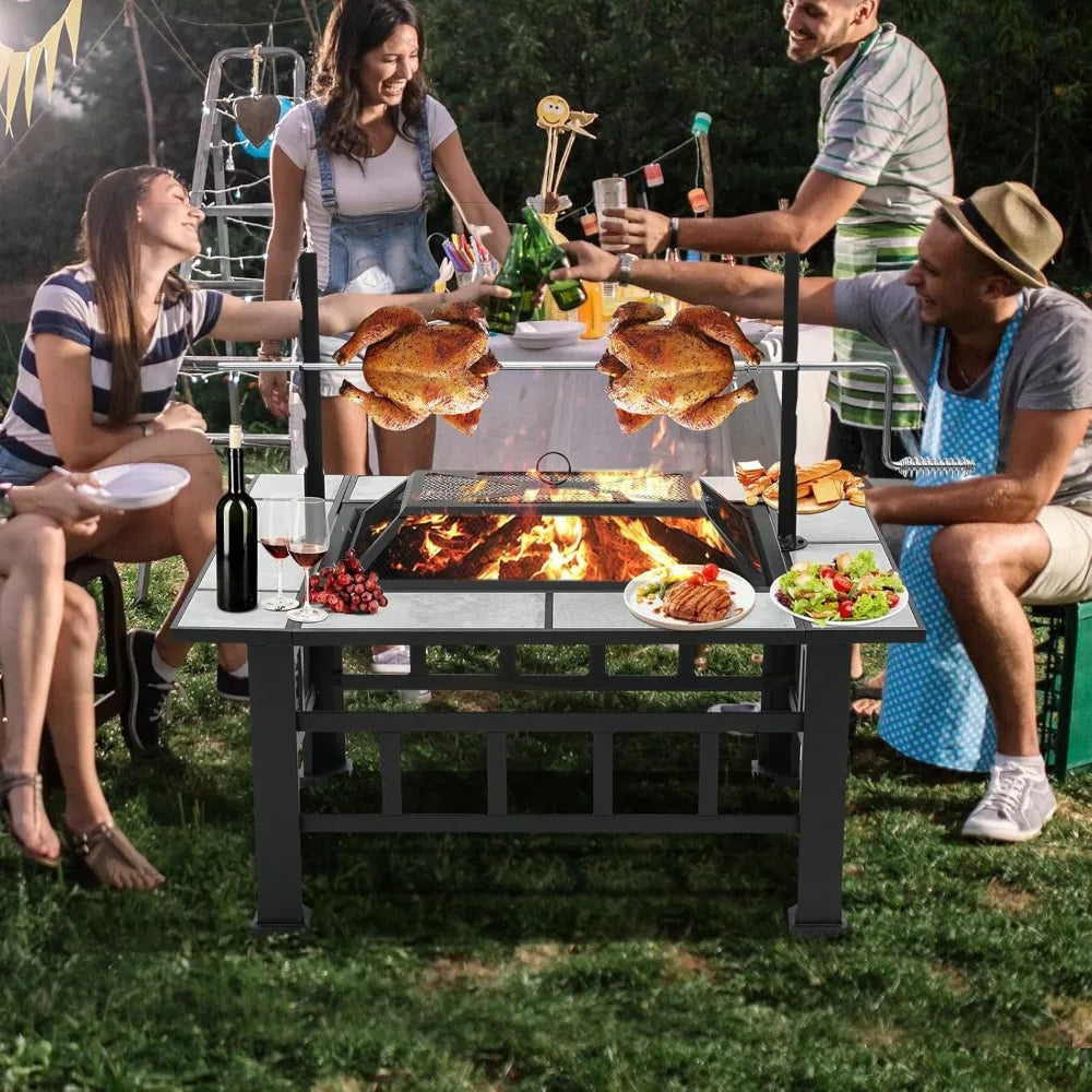 Fire Pit Table for Outside 37 Inch Square Firepits with Grill Large Wood Burning Heavy Duty Steel BBQ Bonfire Pit Outdoor Cookin