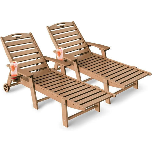 Outdoor Lounge Chairs Set of 2 with Wheels and Cup Holder