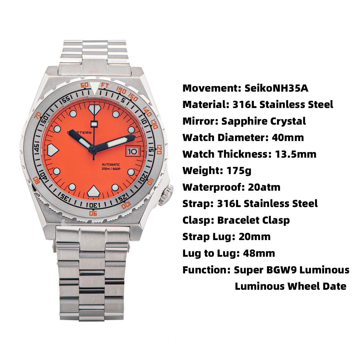 SEESTERN SUB600T V3 Mens Watch Automatic Diving Sapphire Wristwatch NH35 Movement Ceramic Bezel Luminous Date Jubilee Waterproof