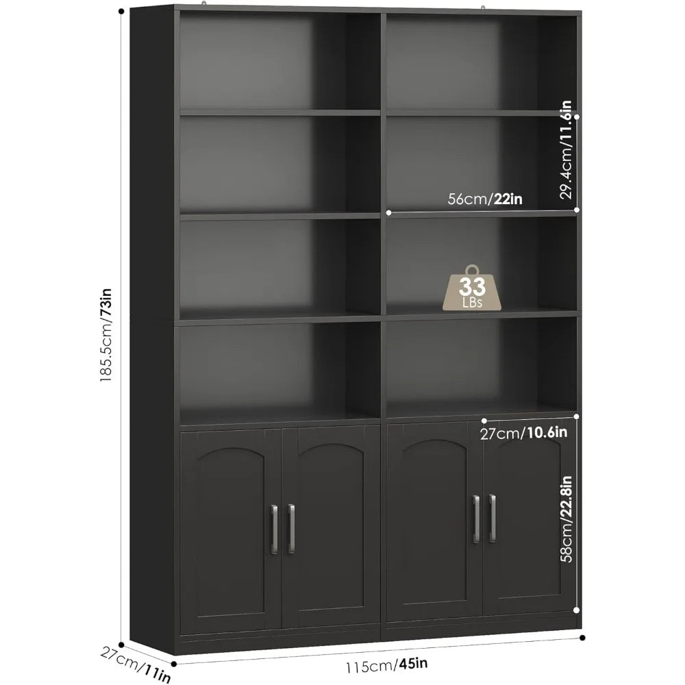 Bookshelf and Bookcase with Doors 6 Tier Double Wide Large Bookshelves Open Display Shelves 73 Inch Tall Bookshelf with Storage