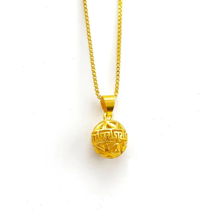 Pure Gold Color Pattern Small Embroidered Ball Pendant Necklaces for Women Gold Color Trendy Necklaces Chain Fine Jewelry Gifts
