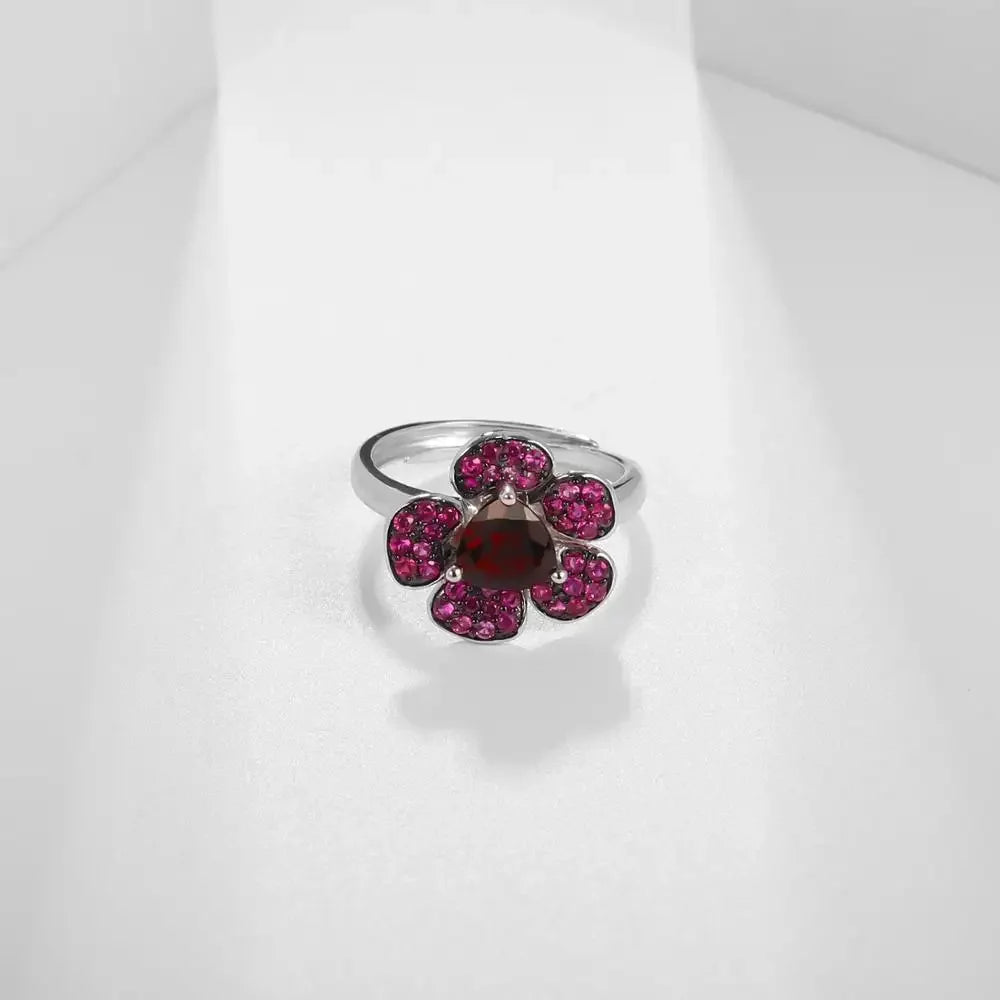 GEM'S BALLET Garnet Flower Ring Sterling Silver For Women