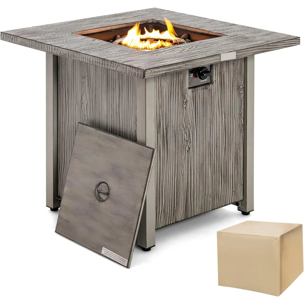 28” Patio Fire Pit Table - 2-in-1 40,000 BTU Gas Square Fire Table with Lid & Lava Rocks, Metal Frame, PVC Protective Cover, CS