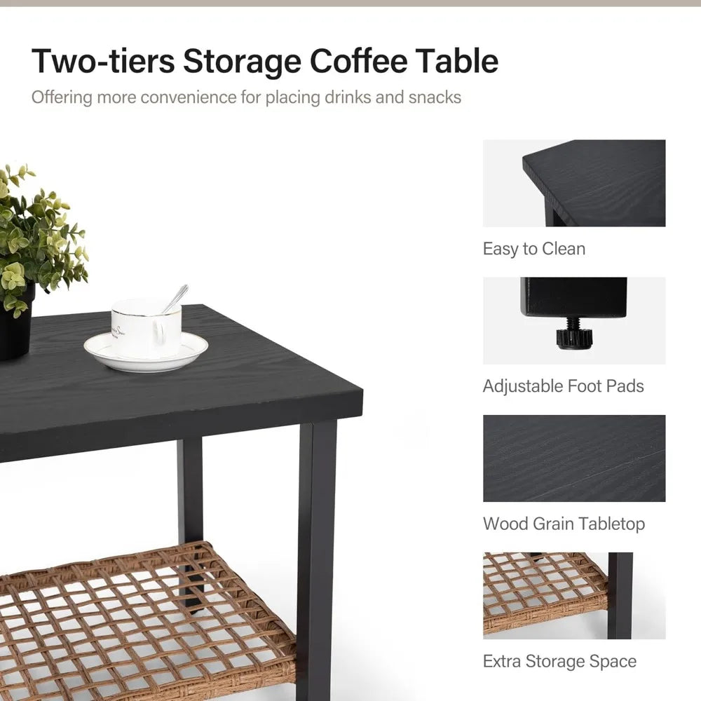 3 Pieces Rocking Bistro Set, Outdoor Patio Furniture Set with Thick Cushions and 2-Tier Coffee Table, Oversize Rattan Sets