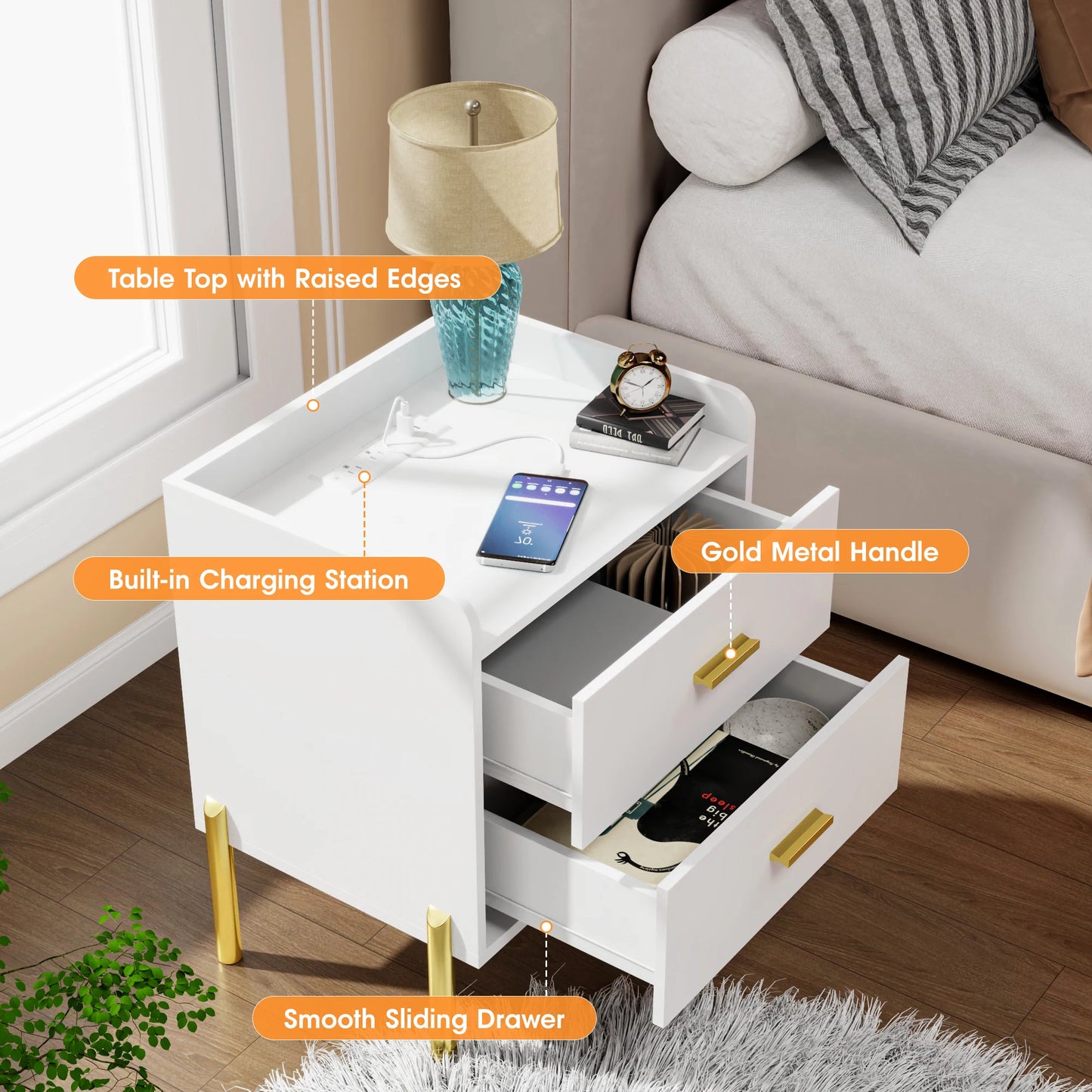 Vabches Nightstand Set Of 2 With Charging Station Wood Table