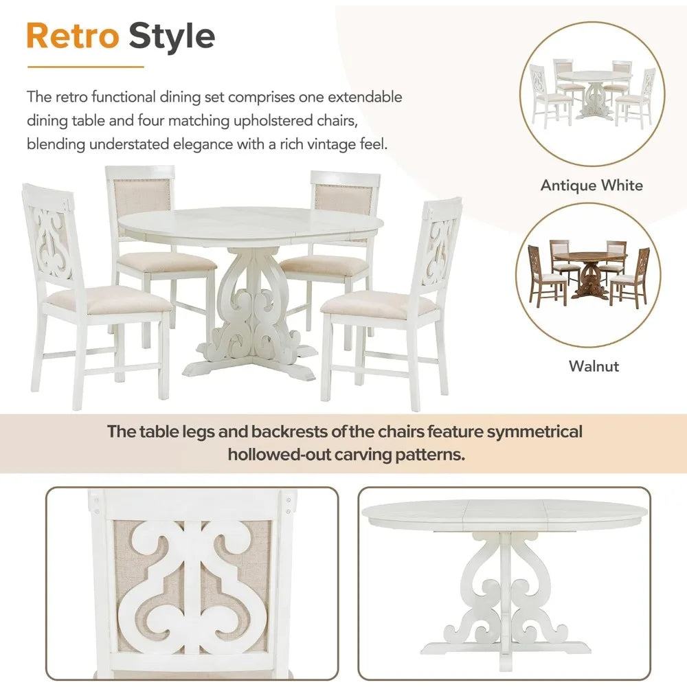 Extendable Dining Table Set for 4-6, Solid Wood Kitchen Table Set with 4 Upholstered Chairs for Kitchen, Dining Room, Small Spa