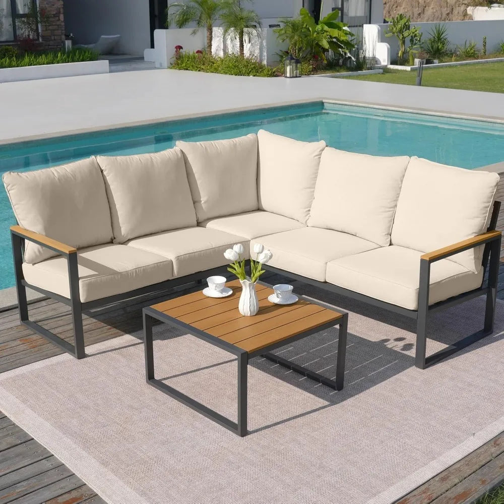 Patio Furniture Set 6 Pieces Outdoor Sectional Sofa Set with Side Table L Shape Patio Conversation Set with Faux Wood Tabletop