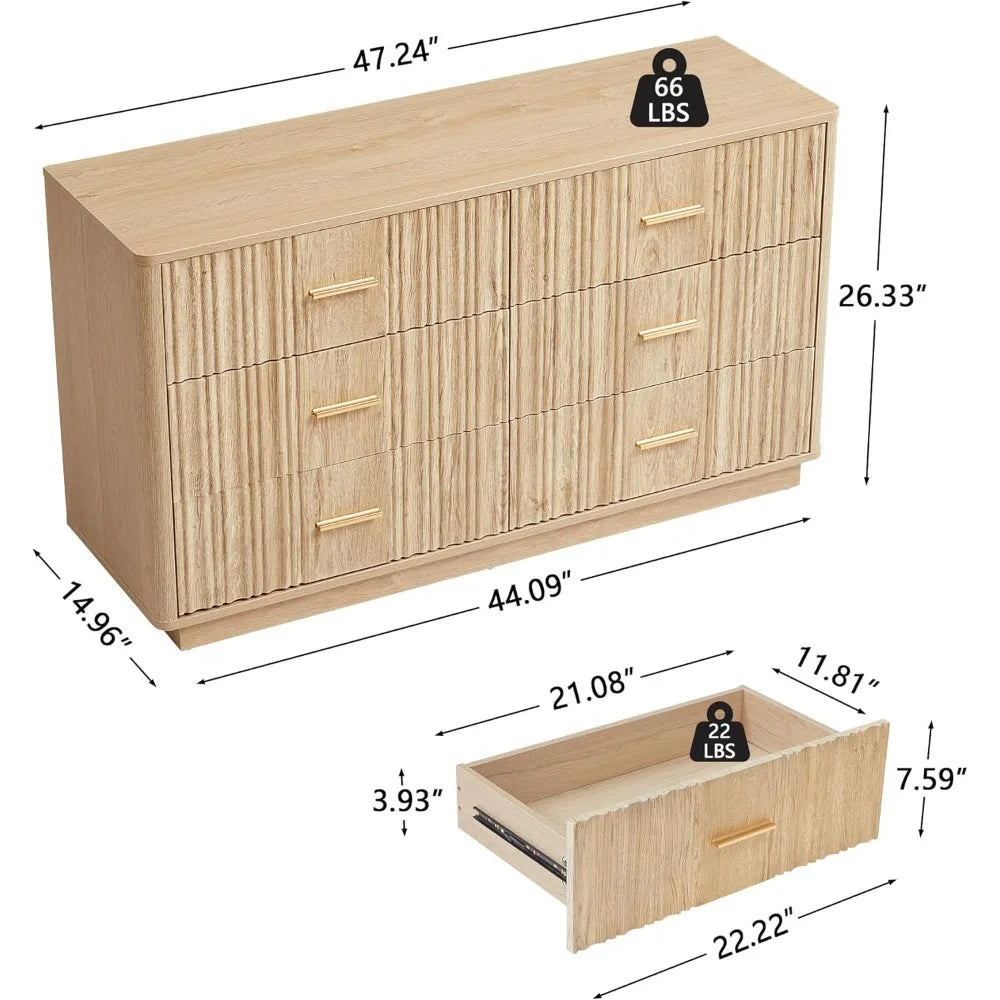 Ticify Fluted Double Dresser With Six Drawers Modern Chest