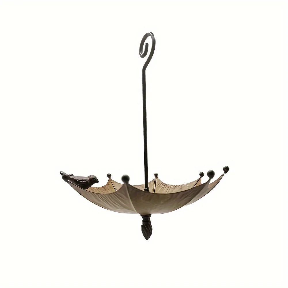 An antique umbrella shaped metal bird food tray, outdoor hanging bird bathtub and food bowl, decorative garden yard accessories