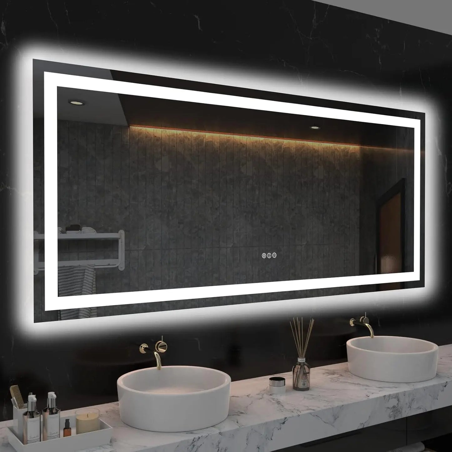 SH.KL Smart LED Bathroom Mirror, Anti-Fog and Dimmable, 3-Color Lighting with Memory, 5mm Shatterproof Glass, Wall-Mounted