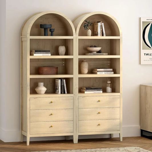 MKDK Tall Arched Bookshelf With Drawers Farmhouse Cabinet