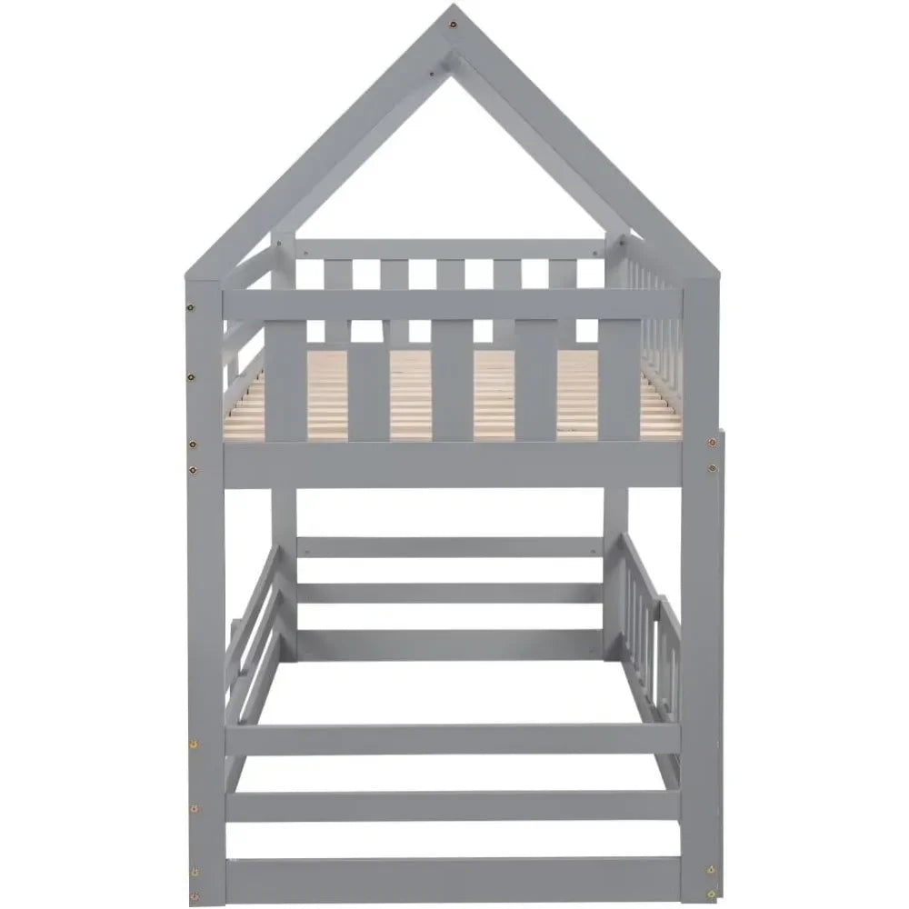 Modern Floor Low Bunk Bed with Fence and Door, Solid Wood Bunks Beds with Guardrails and Ladder, Twin Over Twin House Bunk Bed