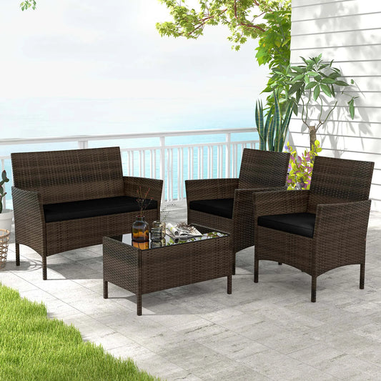 4 PCS Patio Furniture Set with Washable Cushions and Tempered Glass Coffee Table Black