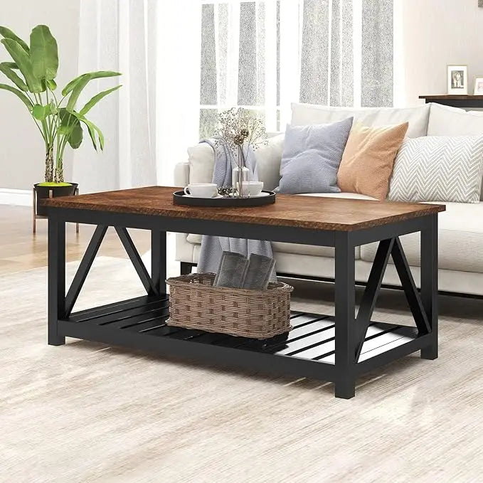 Farmhouse Coffee Table, Rustic Vintage Living Room Table with Shelf,Farmhouse Coffee Table