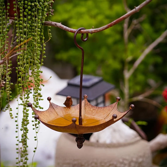 An antique umbrella shaped metal bird food tray, outdoor hanging bird bathtub and food bowl, decorative garden yard accessories
