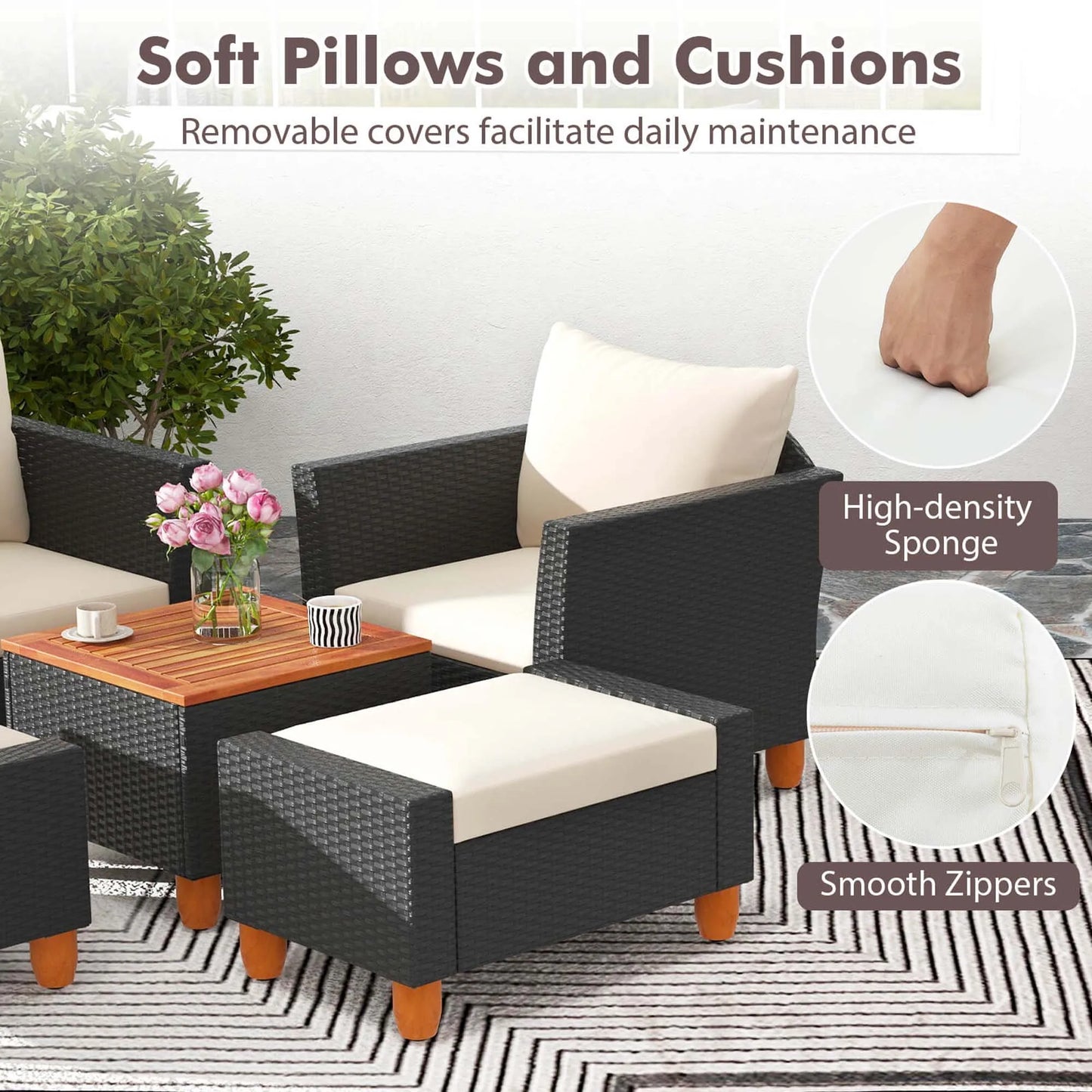 HOMASIS 5 Patio Set With Storage Table Ottomans Cushions
