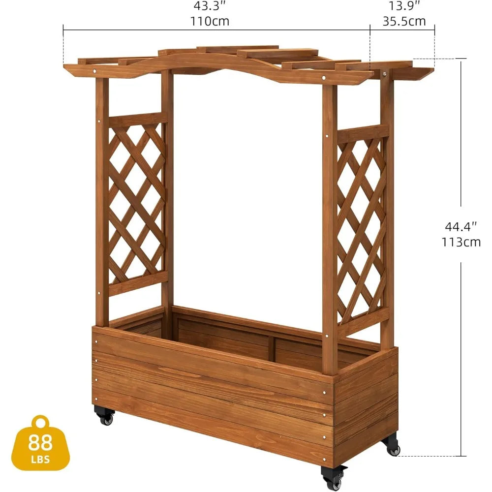 DWVO Raised Garden Bed with Trellis Movable, Weather Resistant Solid Wood Planter Box with Wheels for Climbing Plants, Elevated
