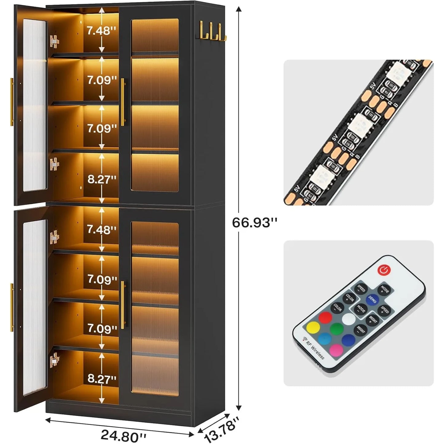 Bookcase With Doors And LED Light 67 Inch Tall Bookshelf With 8 Tier Shelves For Living Room Bathroom Office Kitchen