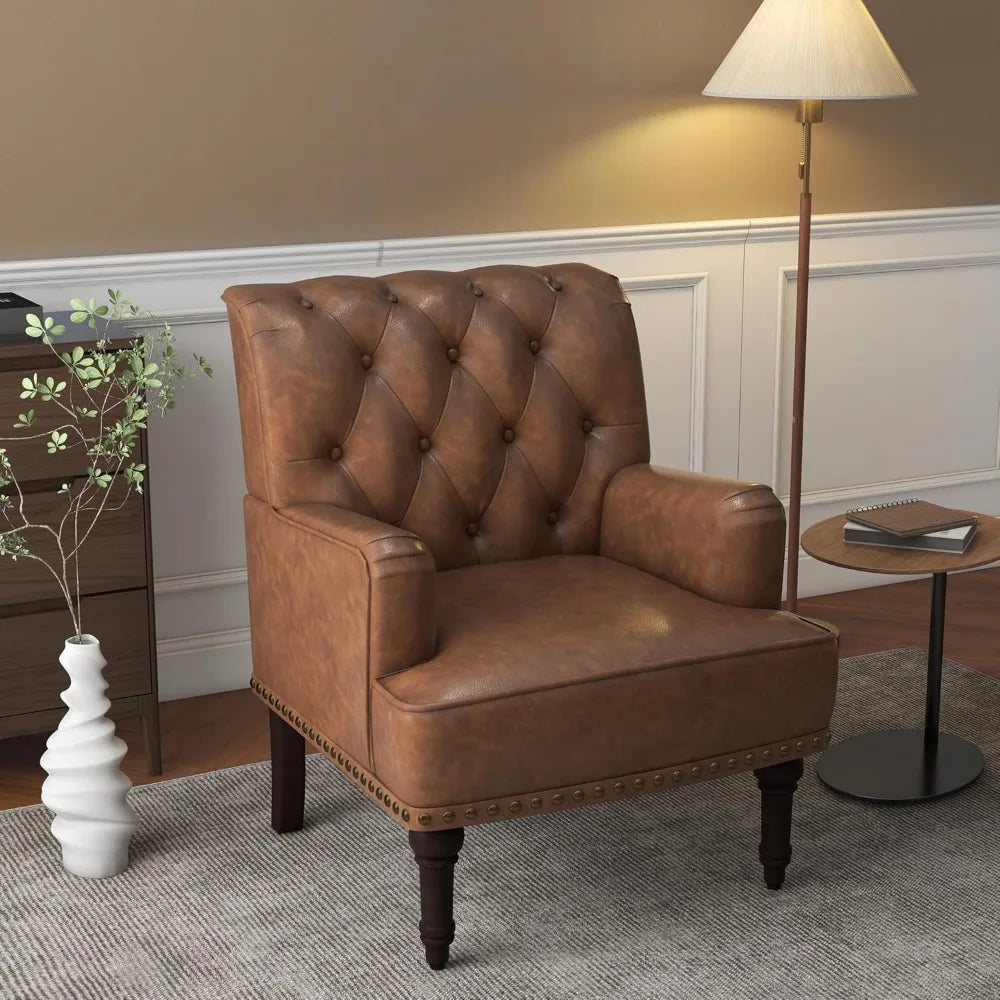 PU Leather Accent Chair, Modern Upholstered Armchair for Living Room, Comfy Arm Chair Single Sofa Reading Seat with Wooden Legs