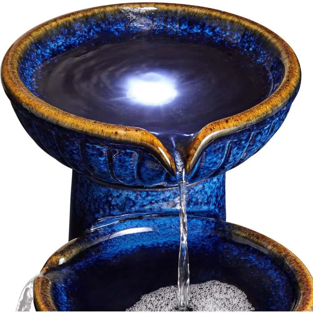 John Timberland Three Bowl Outdoor Floor Water Fountain LED