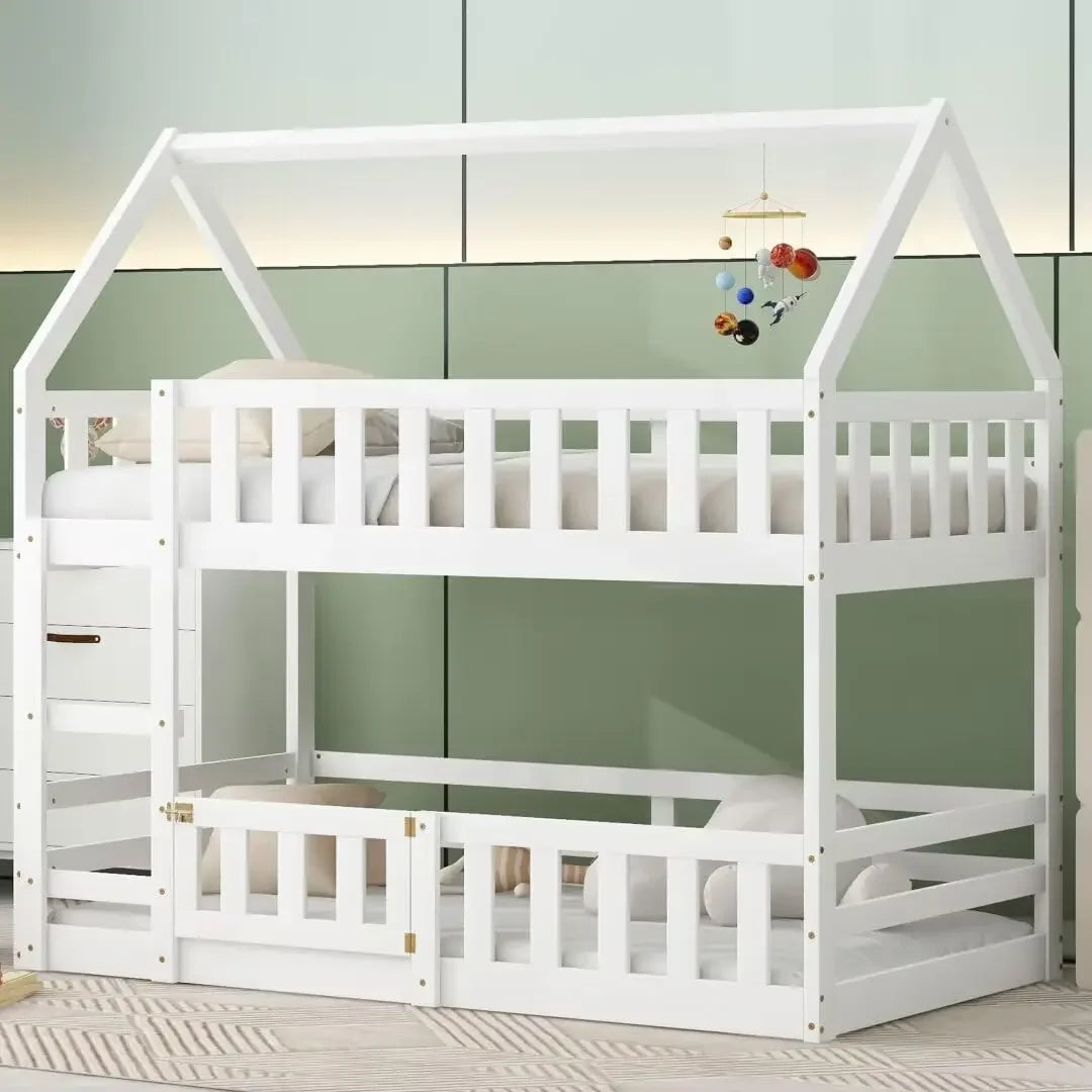 Modern Floor Low Bunk Bed with Fence and Door, Solid Wood Bunks Beds with Guardrails and Ladder, Twin Over Twin House Bunk Bed