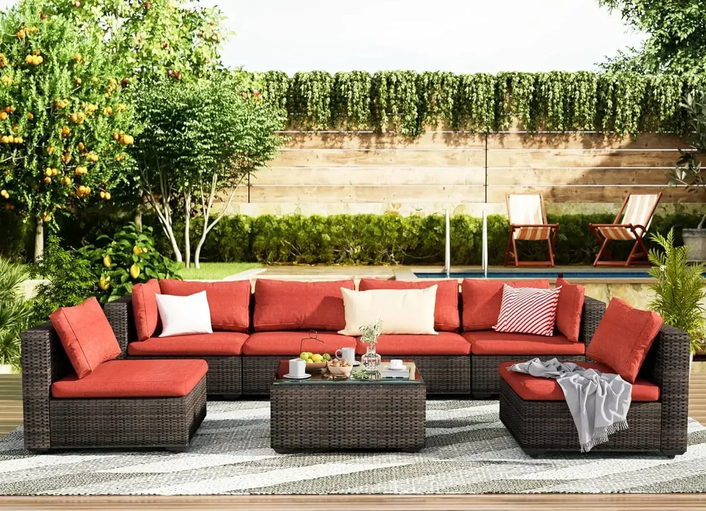 Patio Furniture 7 Pieces Set, Sectional PE Rattan Conversation Sets with Cushions& Glass Coffee Table, Patio Furniture Set