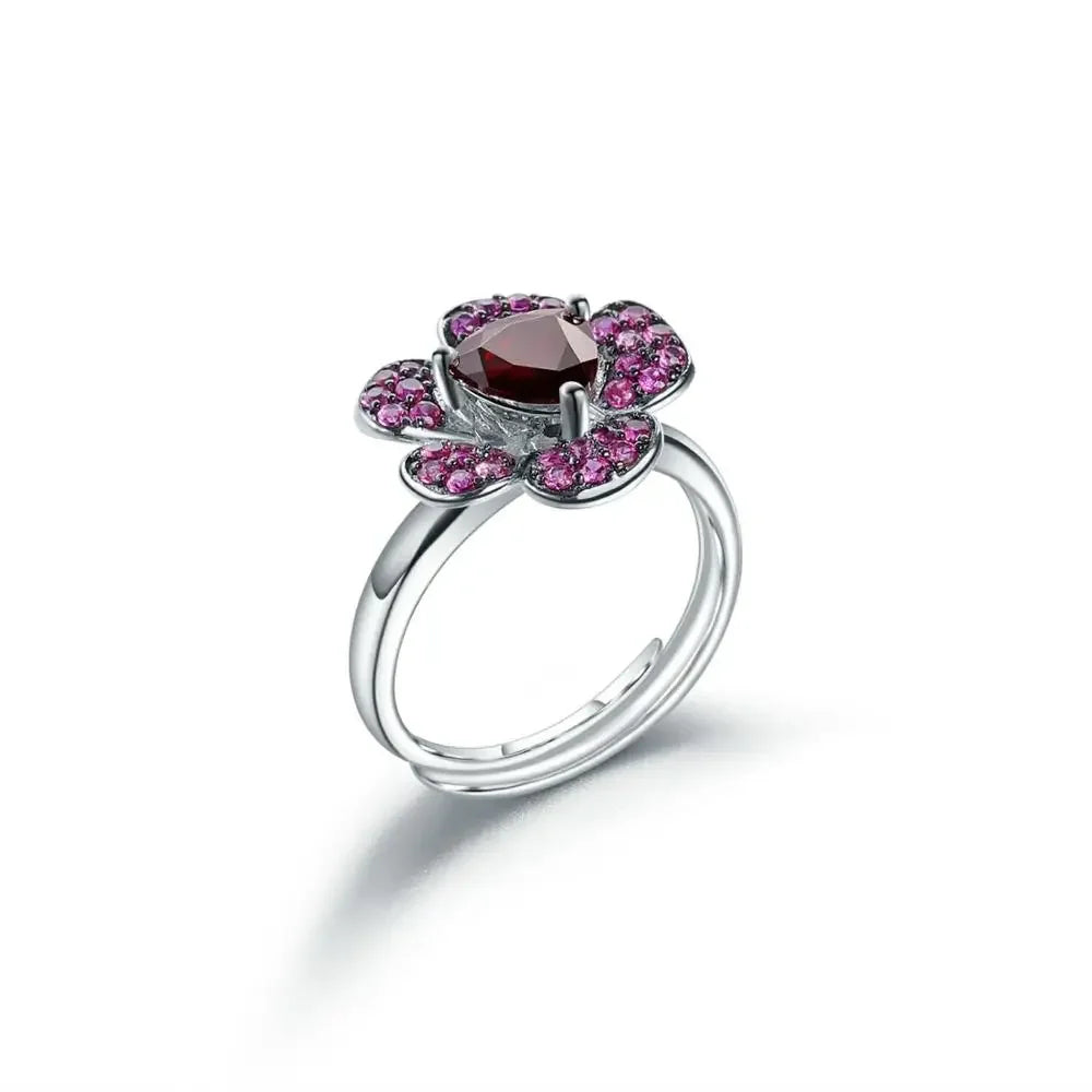 GEM'S BALLET Garnet Flower Ring Sterling Silver For Women