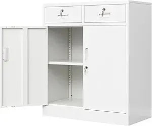 Color Locking Storage Cabinet With 2 Drawers And Shelf