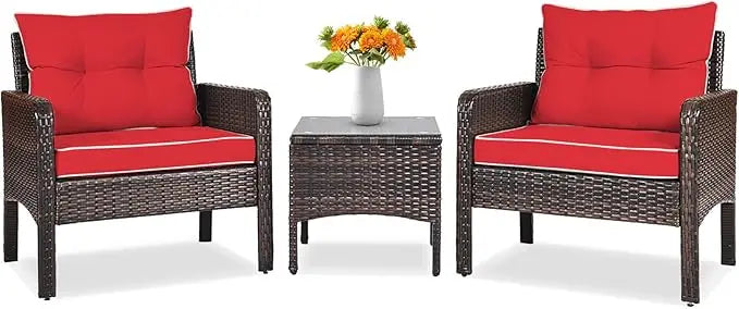Tangkula Outdoor Patio 3 Piece Wicker Set With Glass Table