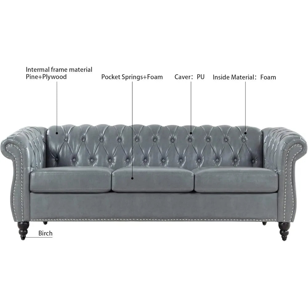 DAFIFY Chesterfield Sofa Tufted PU Leather Mid Century Sofa